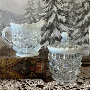 Mosser Glass “Eye Winker” Opalescent Creamer & Covered Sugar Set – UV Reactive